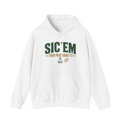 White pullover hoodie with green “SIC’EM” front graphic and drawstring hood