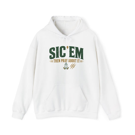 White pullover hoodie with green “SIC’EM” front graphic and drawstring hood