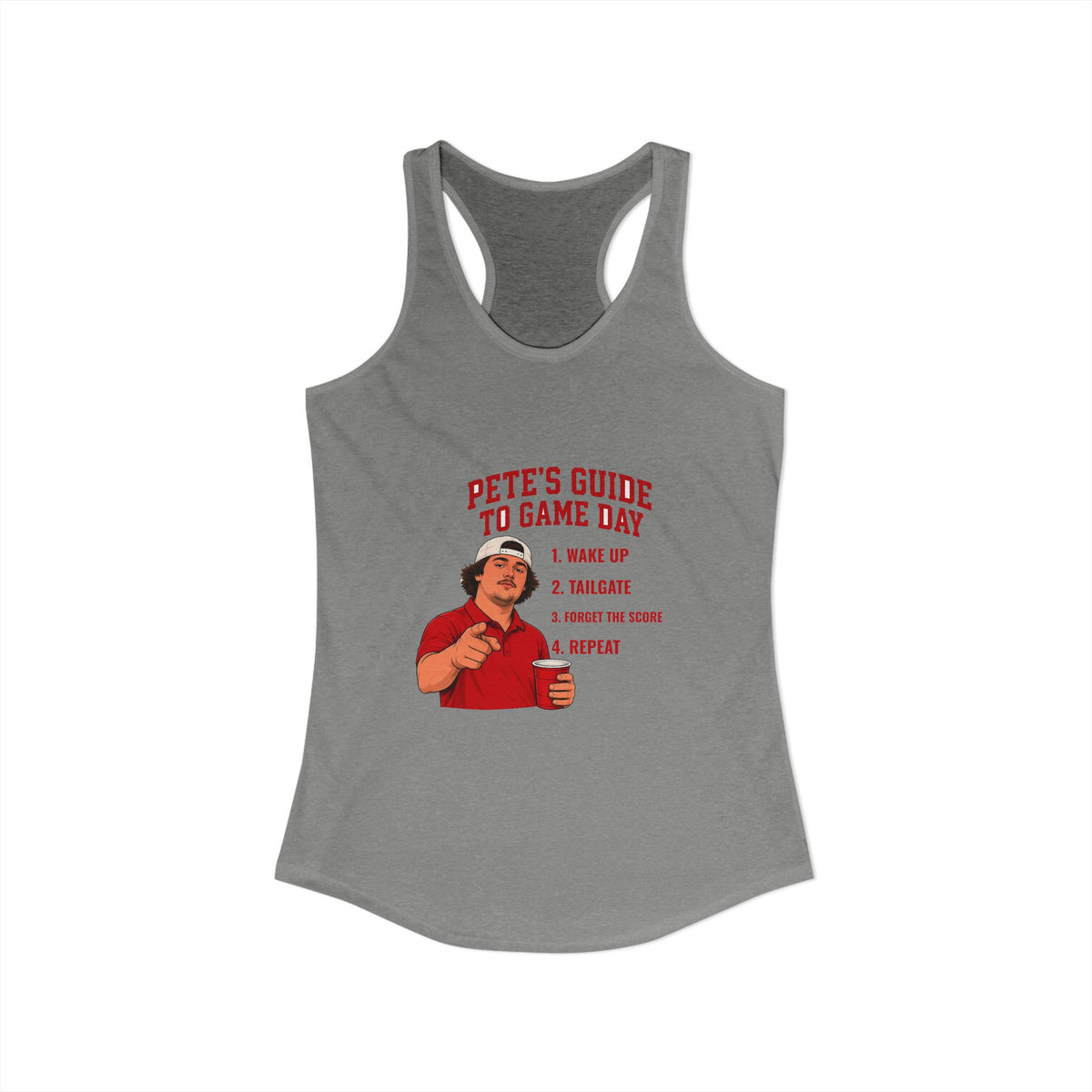 Heather grey racerback tank top with central chest graphic and racerback neckline