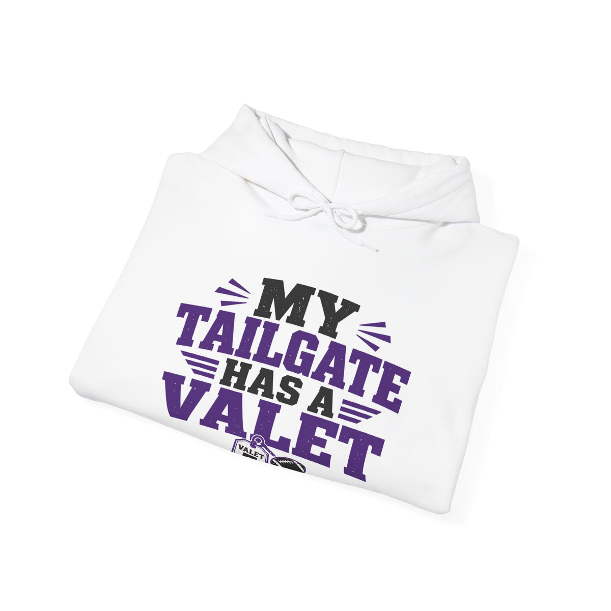 TCU white hoodie folded with “My Tailgate Has a Valet” text and hood drawstring