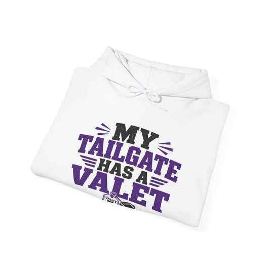 TCU white hoodie folded with “My Tailgate Has a Valet” text and hood drawstring