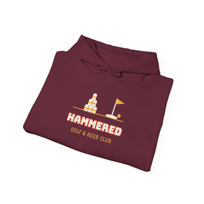 Maroon hoodie with HAMMERED golf & beer club logo graphic.
