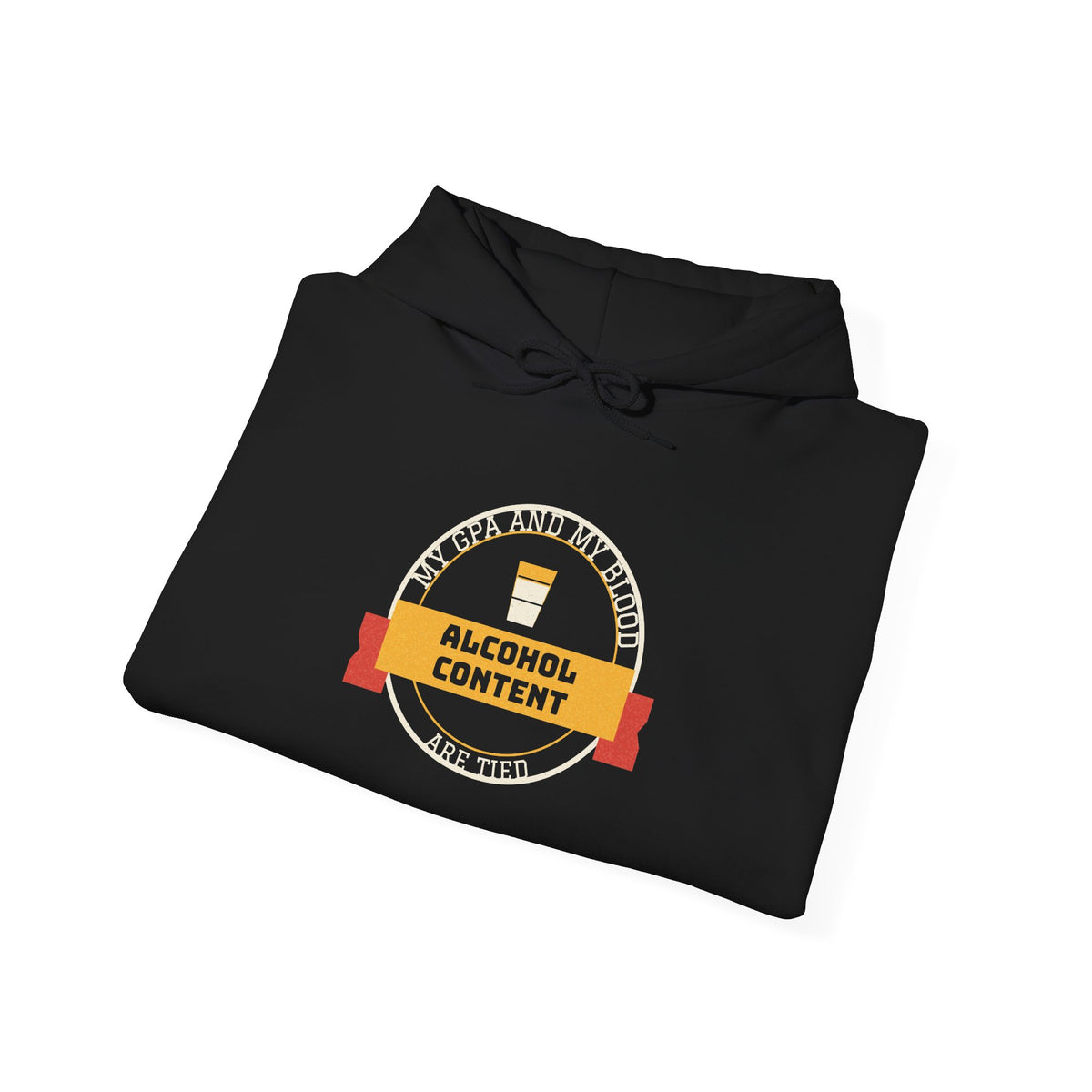 Black hoodie with front circular graphic, drawstring hood and kangaroo pocket