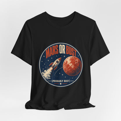 Black crewneck graphic T-shirt with Mars or Bust space rocket and planet logo
