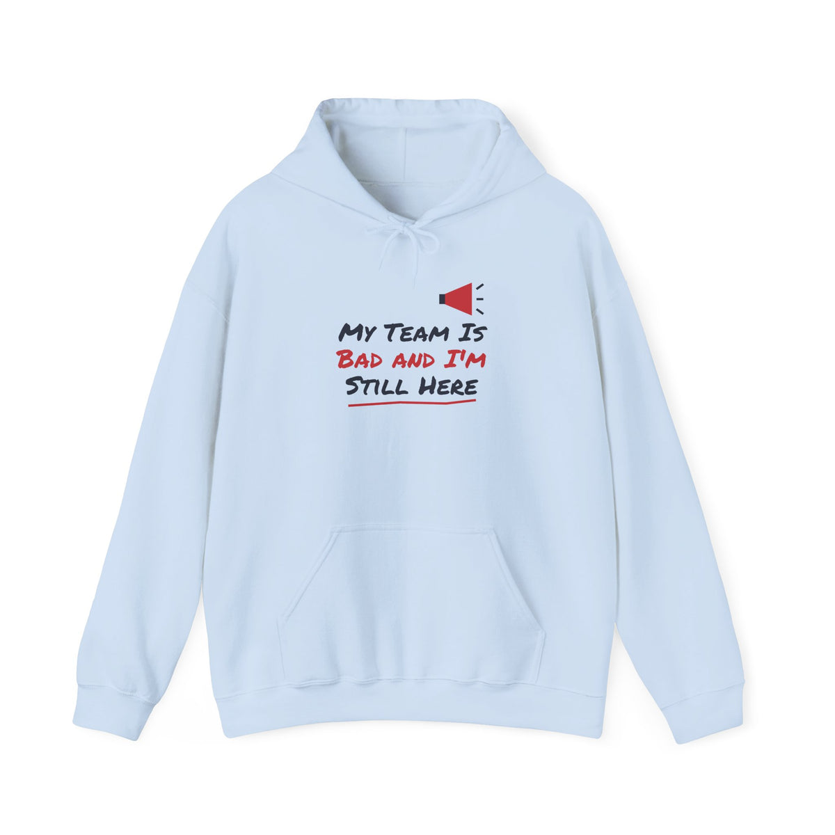 Light blue college hoodie with front pocket and chest slogan graphic