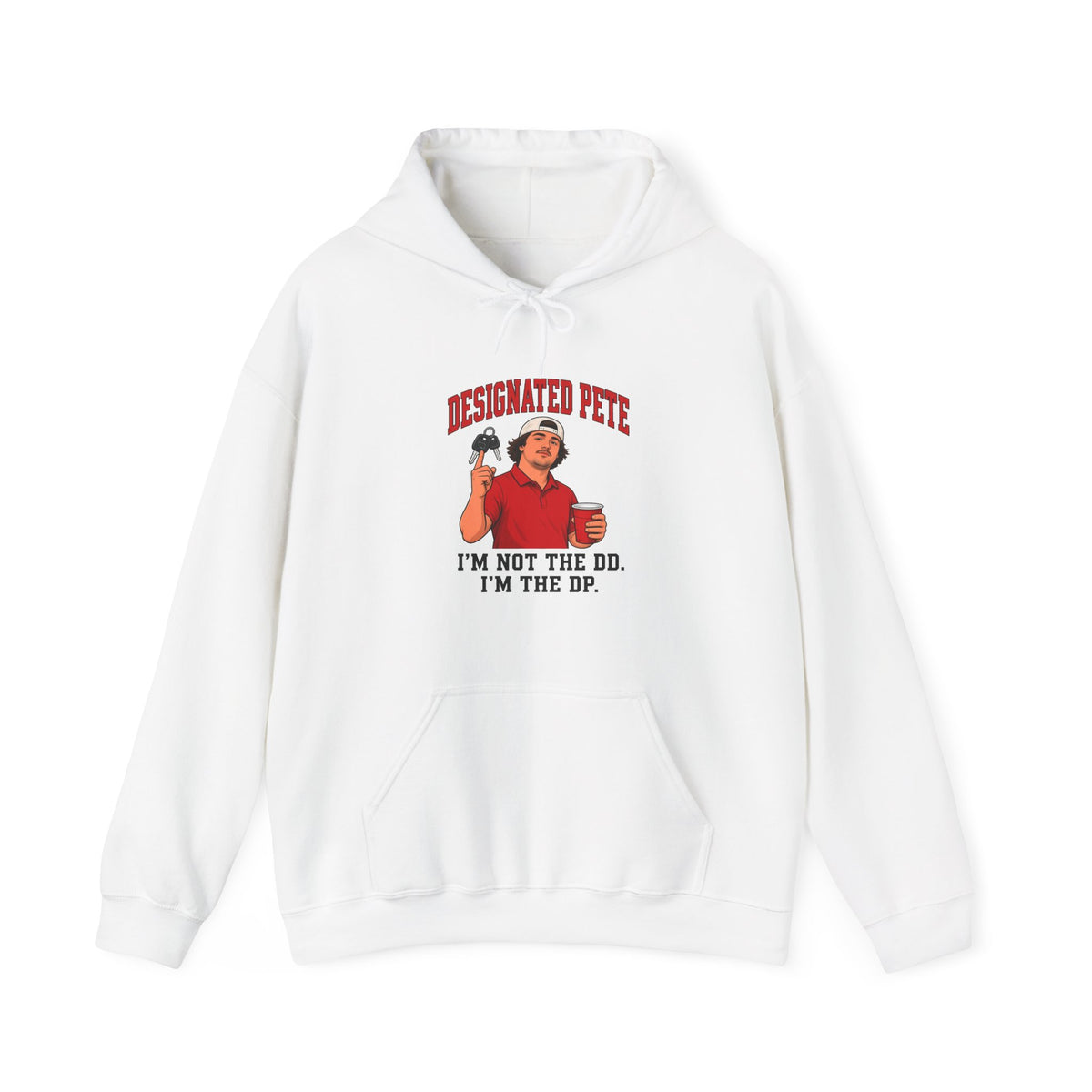 White Designated Pete hoodie with front graphic and kangaroo pocket