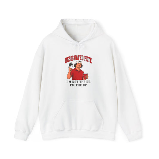 White Designated Pete hoodie with front graphic and kangaroo pocket