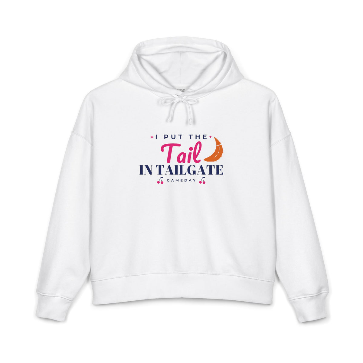 White women's pullover hoodie with front logo and drawstring hood