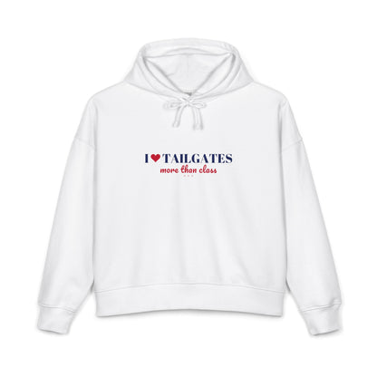 White women's pullover hoodie with drawstring hood and chest graphic