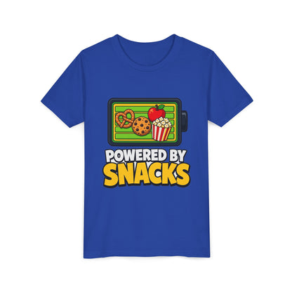 Royal blue kids graphic T-shirt with snack-themed logo front