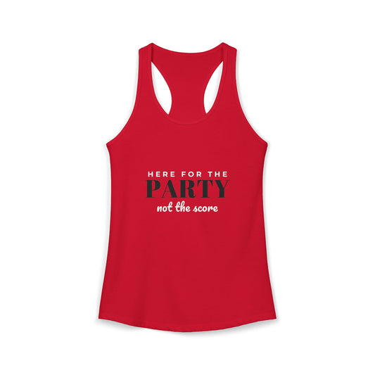Red racerback tank with scoop neckline and front “Here for the Party” print