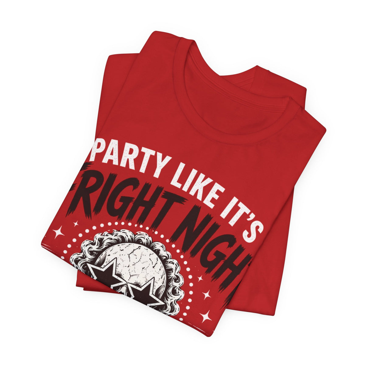 Folded red T-shirt with skull graphic and 'Party Like It's Fright Night' print