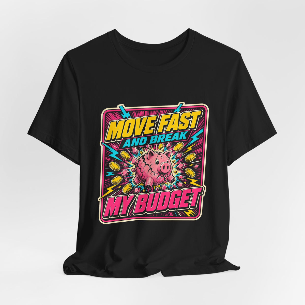 Black T-shirt with centered front cartoon graphic and colorful “MYBUDGET” text