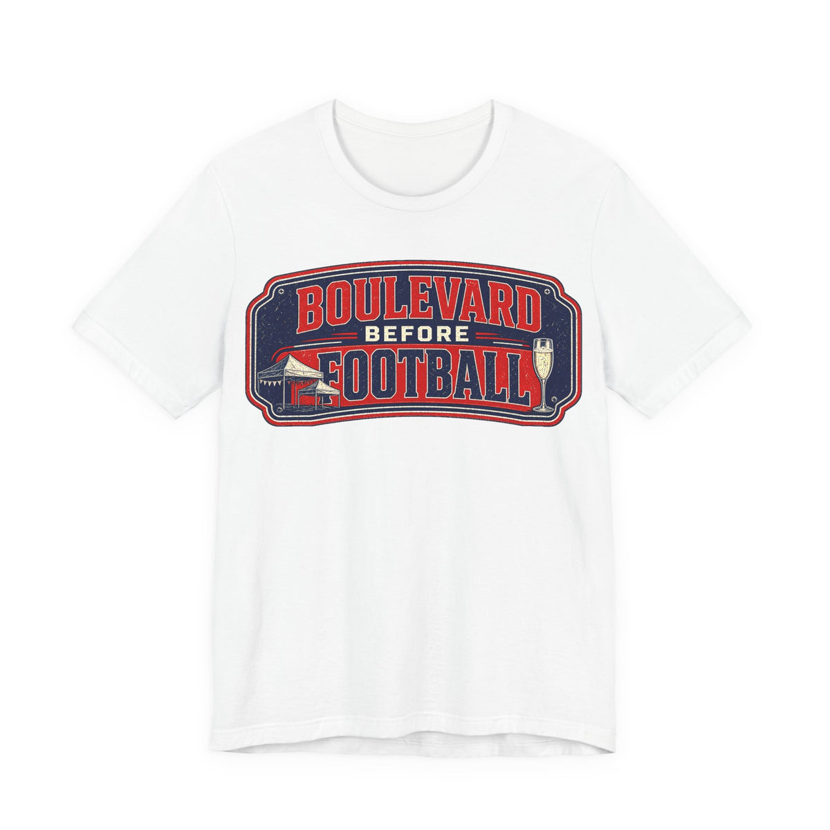 White crew-neck T-shirt with 'Boulevard before Football' graphic