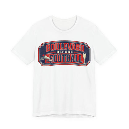 White crew-neck T-shirt with 'Boulevard before Football' graphic