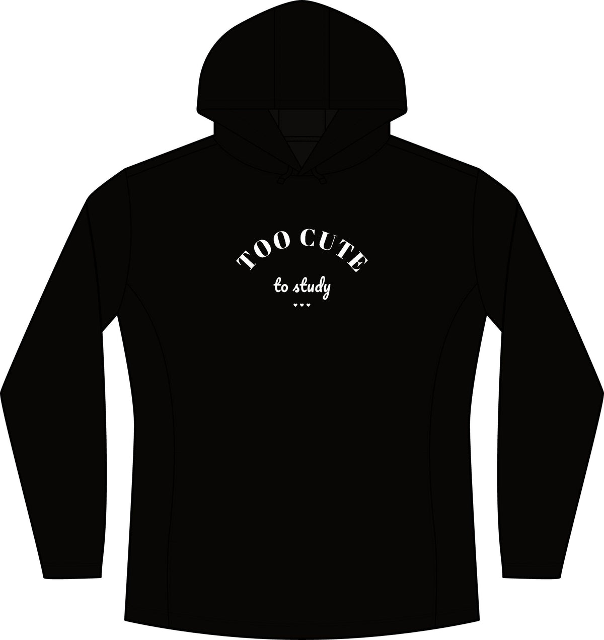 Women's black heather hoodie with front "Too Cute to study" graphic and drawstring hood