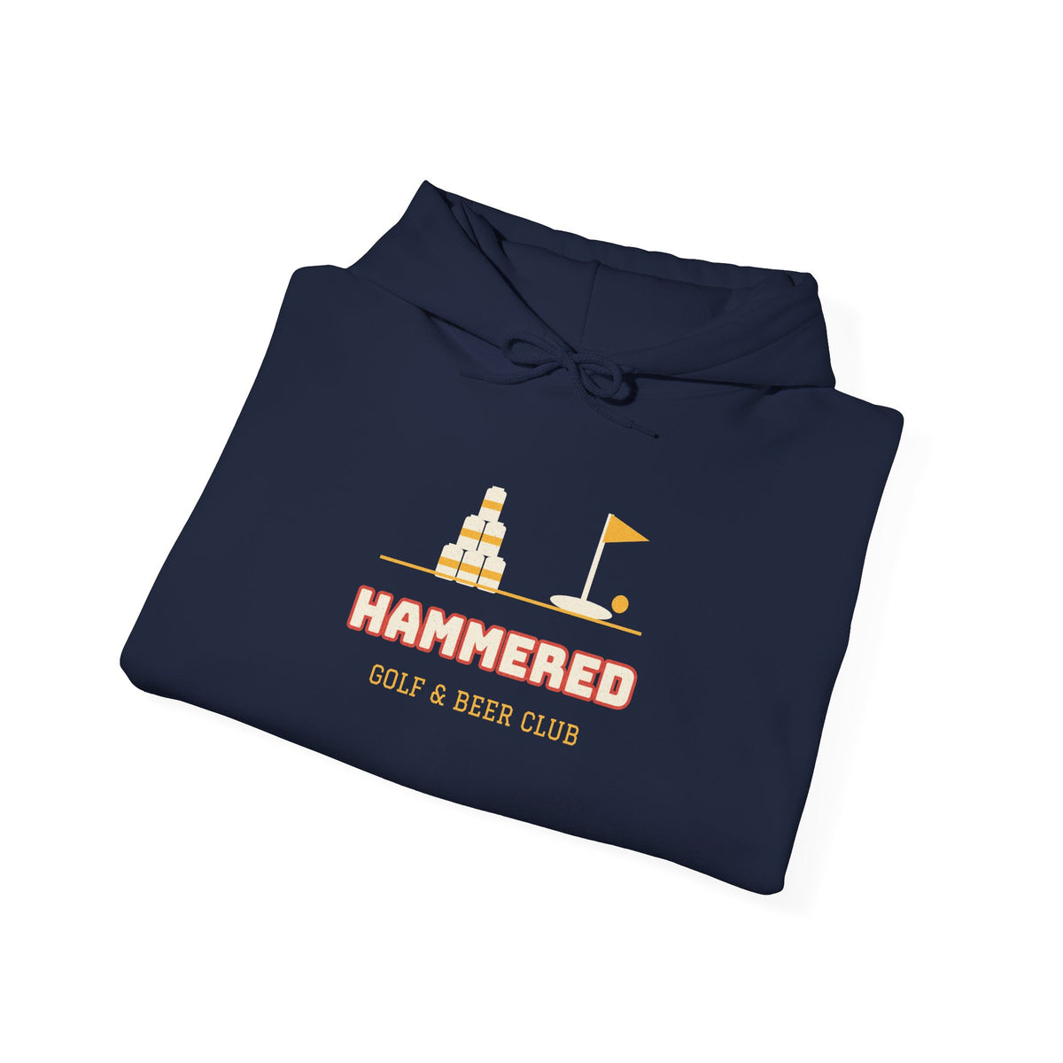 Navy hoodie with HAMMERED golf & beer club chest graphic