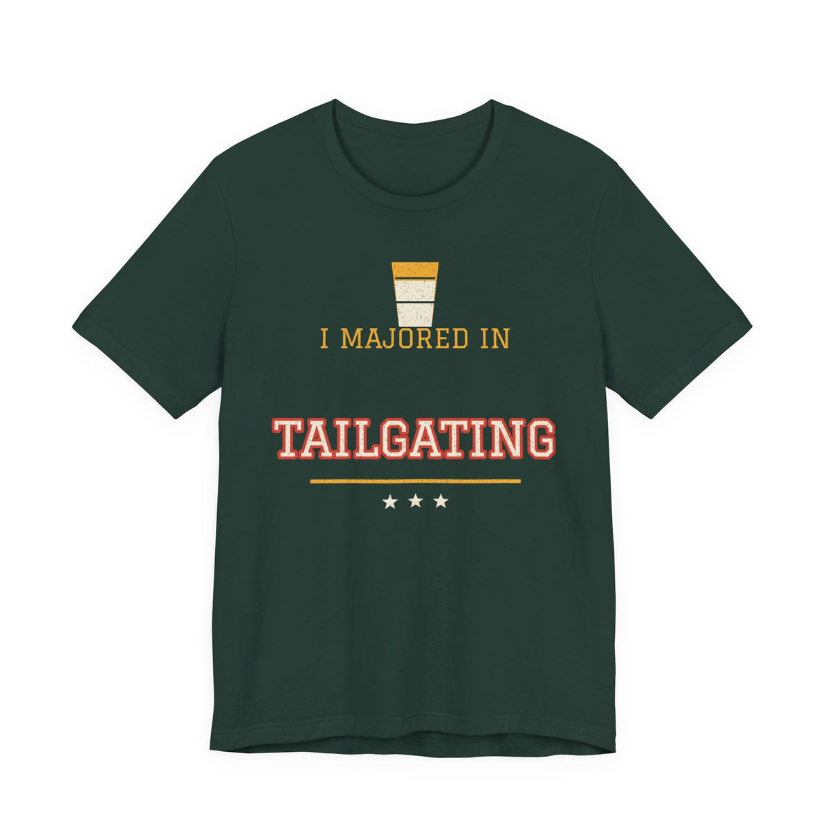 Forest green graphic T-shirt with “I majored in Tailgating” print