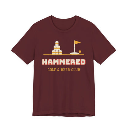 Maroon crewneck T-shirt with 'HAMMERED' golf & beer club graphic