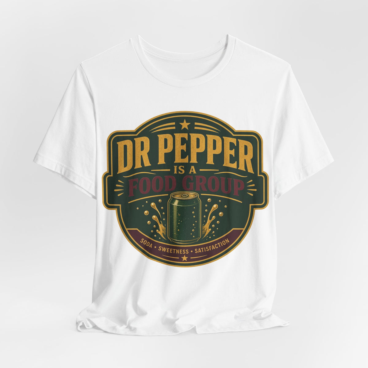 White crewneck T-shirt with large Dr Pepper Food Group emblem graphic