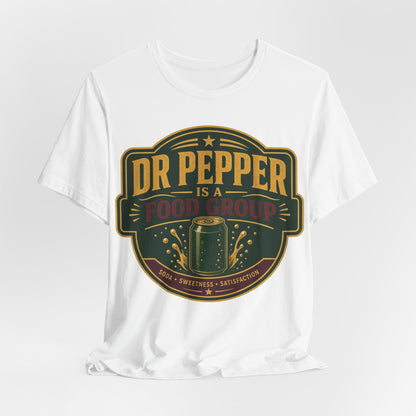 White crewneck T-shirt with large Dr Pepper Food Group emblem graphic