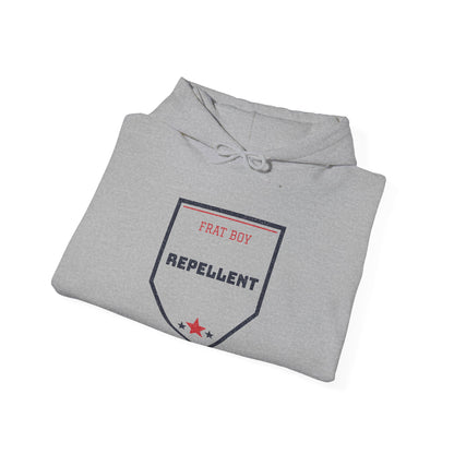 Sport gray pullover hoodie with “FRAT BOY REPELLENT” chest graphic