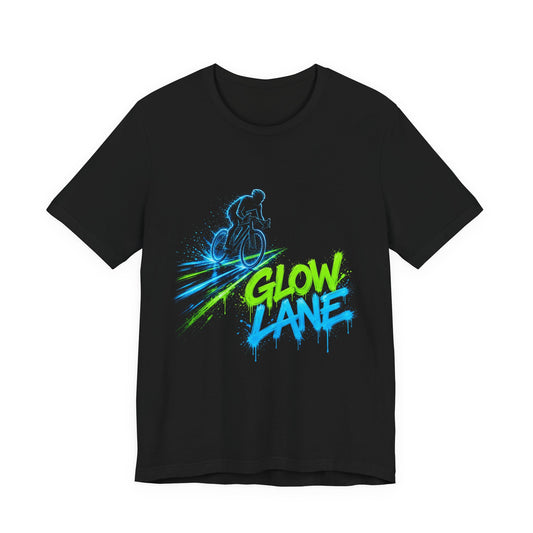 Black crewneck T-shirt with neon “Glow Lane” bicycle graphic on the chest