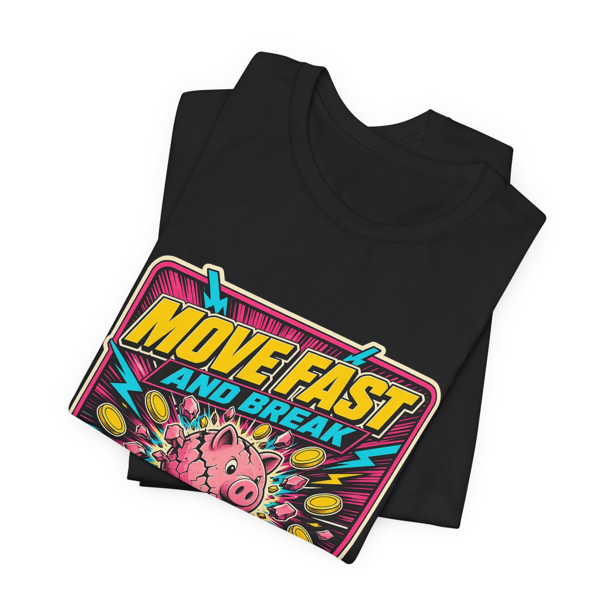 Black T-shirt close-up showing front cartoon graphic with “Move Fast and Break” text