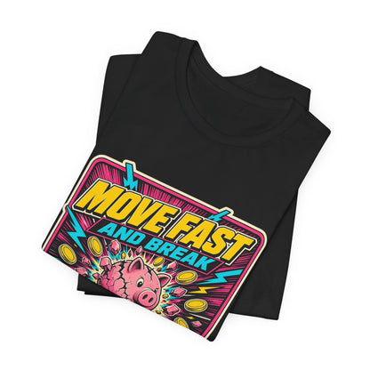 Black T-shirt close-up showing front cartoon graphic with “Move Fast and Break” text