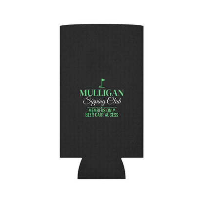 Black koozie with small green logo and text on the front panel.