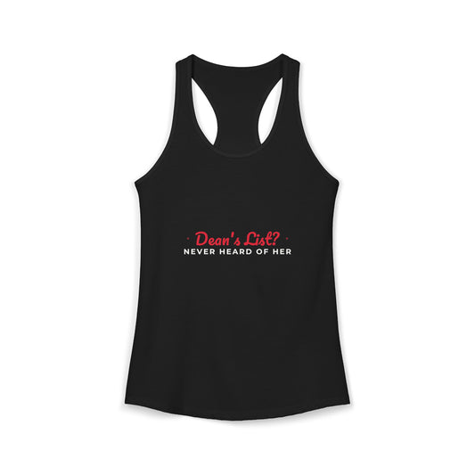 Black racerback tank top with front graphic logo