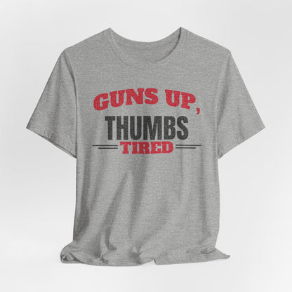 Athletic heather crewneck T-shirt with red and black Guns Up Thumbs Tired front print
