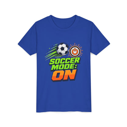 Kids True Royal blue graphic soccer tee with soccer ball and power “ON” icon