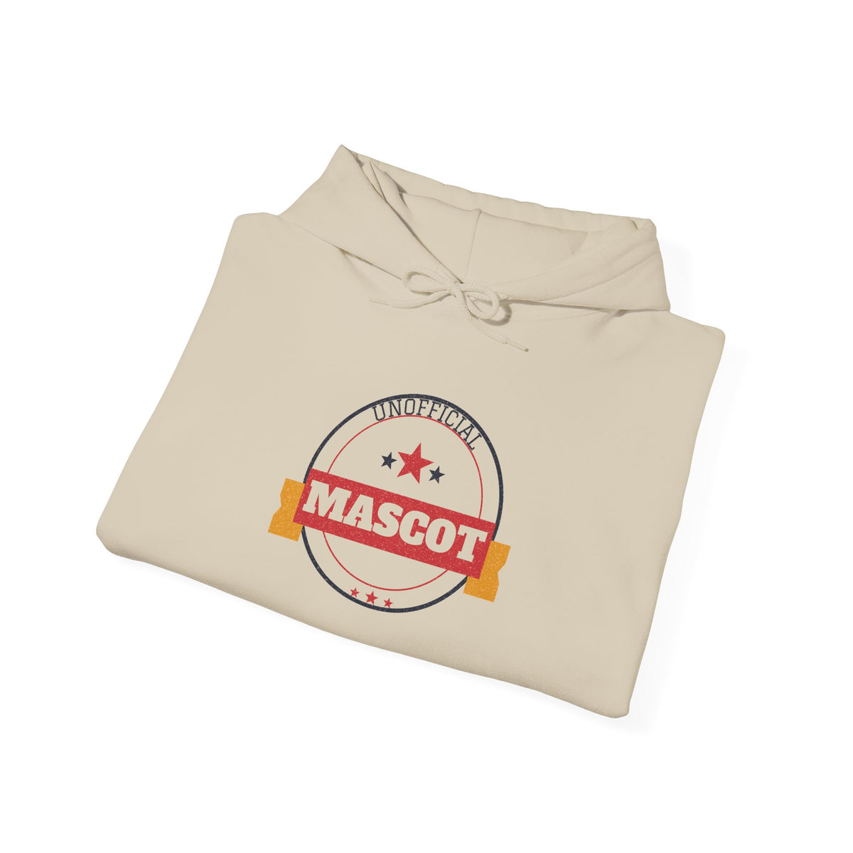 Light cream hoodie with front kangaroo pocket, drawstring hood, and mascot logo print