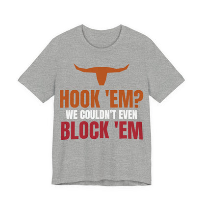 Athletic heather crew neck tee with orange longhorn and 'HOOK 'EM?' graphic