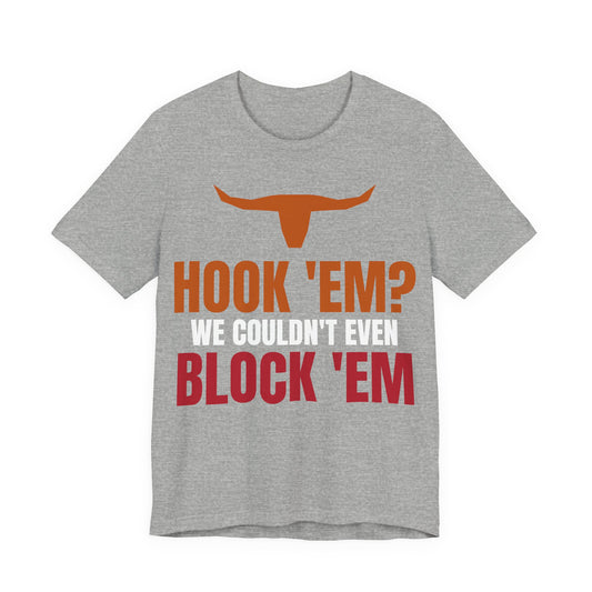Athletic heather crew neck tee with orange longhorn and 'HOOK 'EM?' graphic