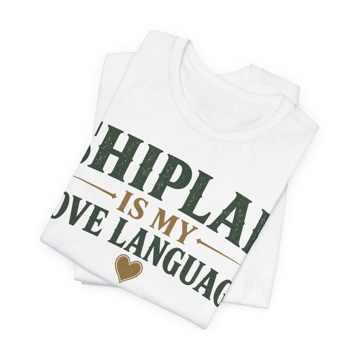 Folded white crewneck T-shirt with partial green SHIPLAP text and small heart