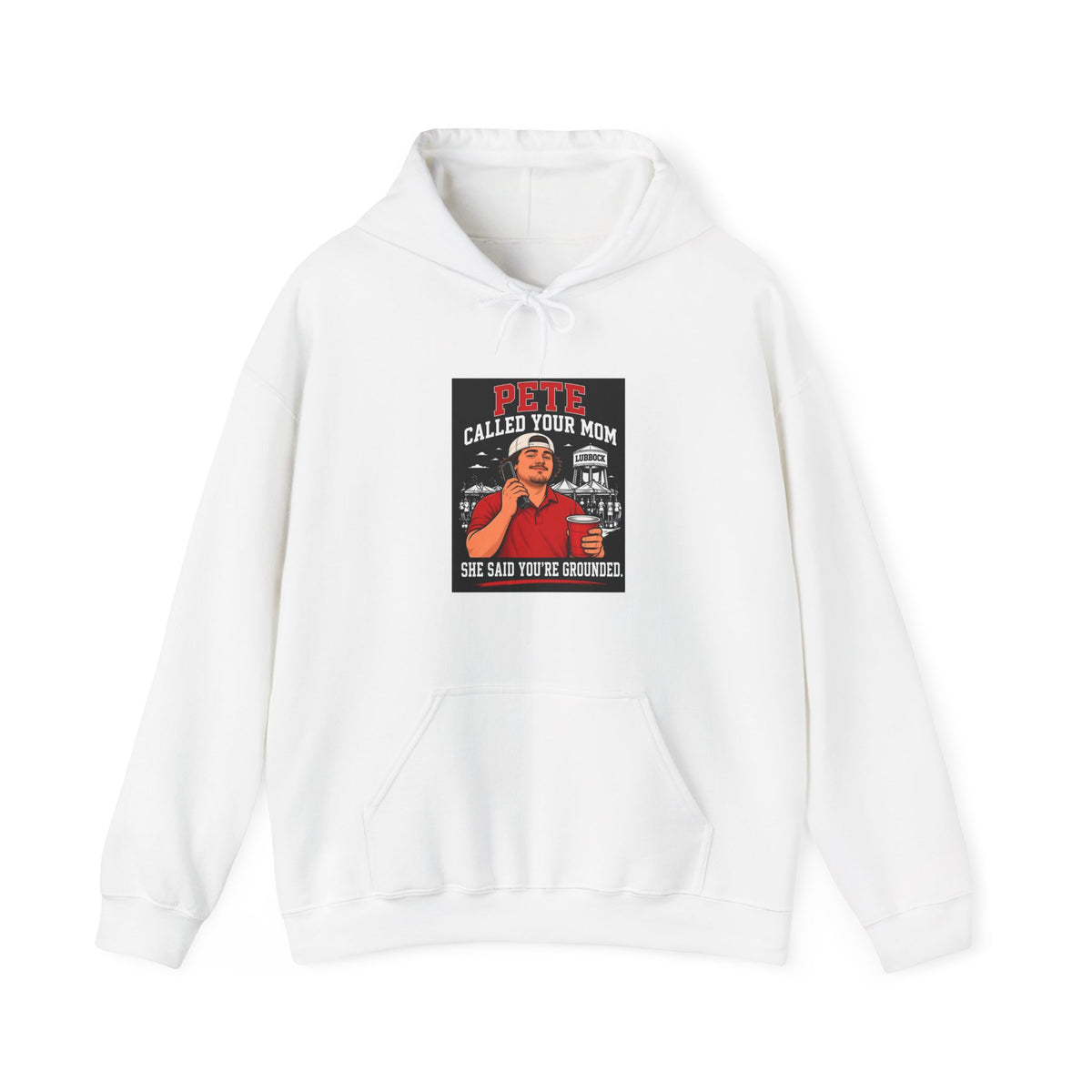 White pullover hoodie with front graphic print and drawstring hood