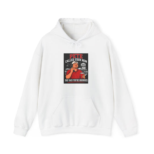 White pullover hoodie with front graphic print and drawstring hood