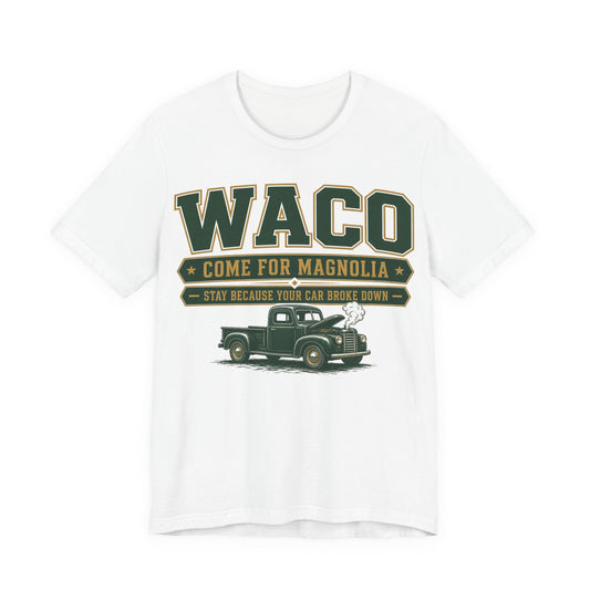 White short-sleeve crewneck graphic tee with WACO and truck front print