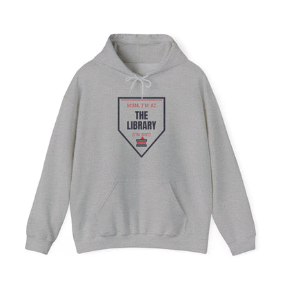 Gray college hoodie with front pouch pocket and Library graphic
