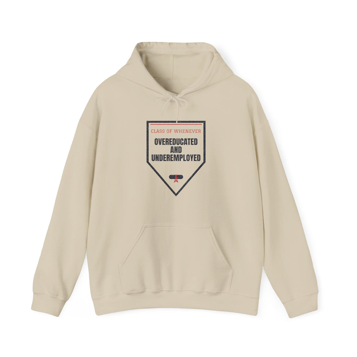Beige pullover hoodie with front pocket, drawstring hood, and graduation-style graphic