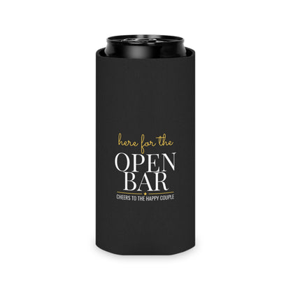 Black drink koozie on a can showing "Here for the OPEN BAR" text and "Cheers" line.