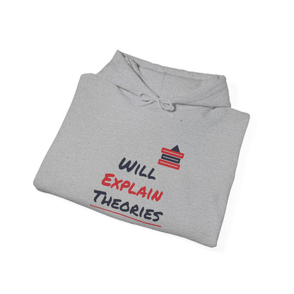 Light grey hoodie with drawstring hood and “Will Explain Theories” graphic