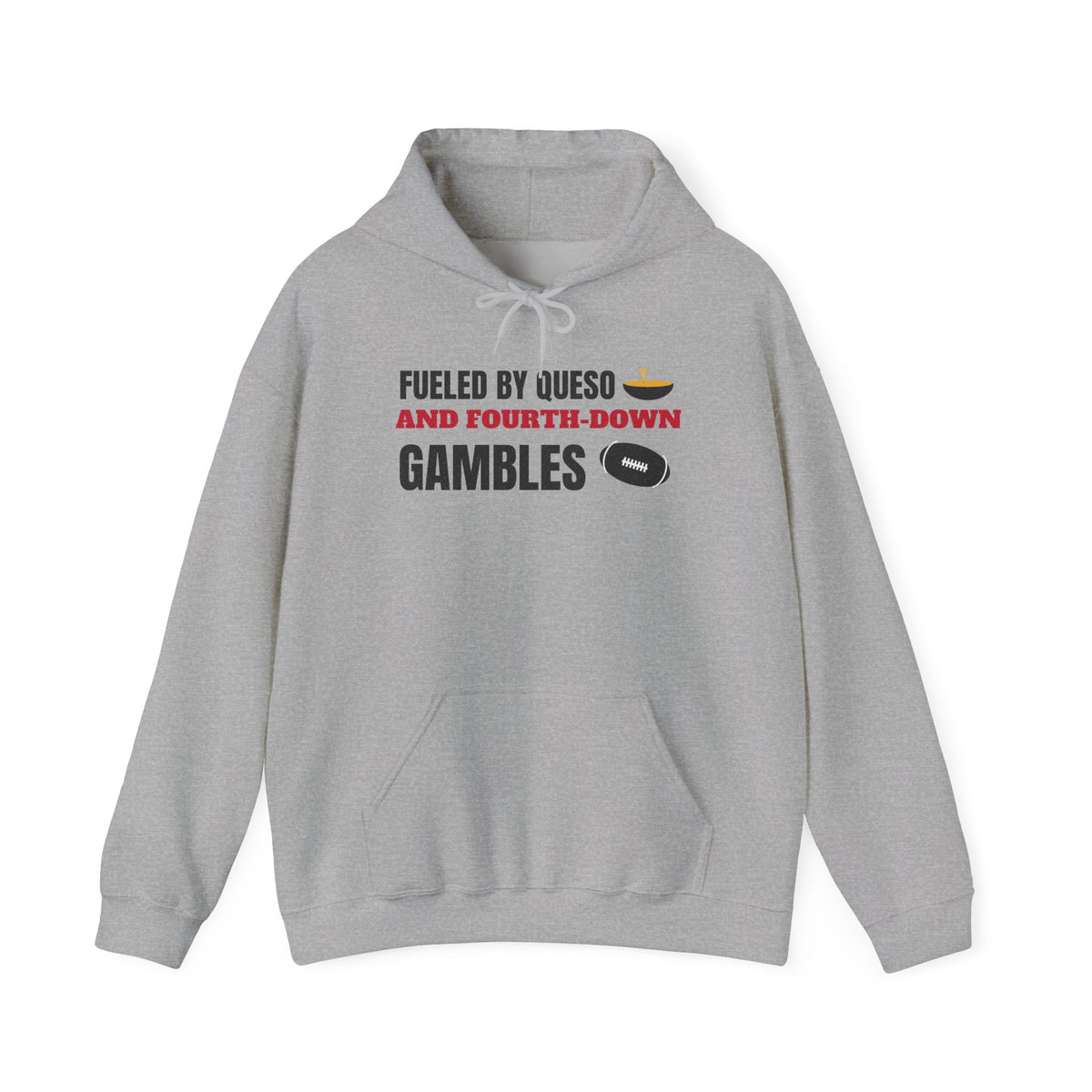Sport grey pullover hoodie with front pocket, drawstring, and football-themed chest print.