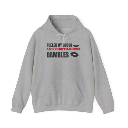 Sport grey pullover hoodie with front pocket, drawstring, and football-themed chest print.