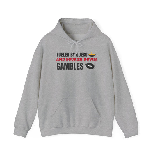 Sport grey pullover hoodie with front pocket, drawstring, and football-themed chest print.