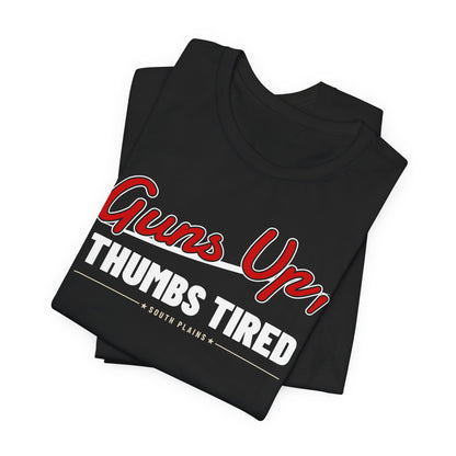 Black T-shirt stack with Guns Up Thumbs Tired red and white graphic print