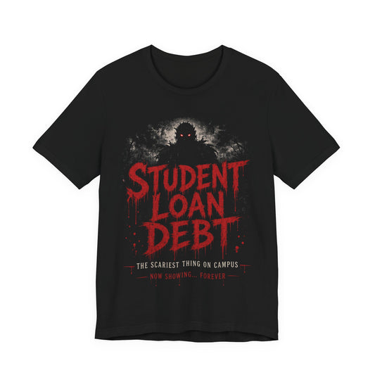 Black crewneck T-shirt with red Student Loan Debt graphic front