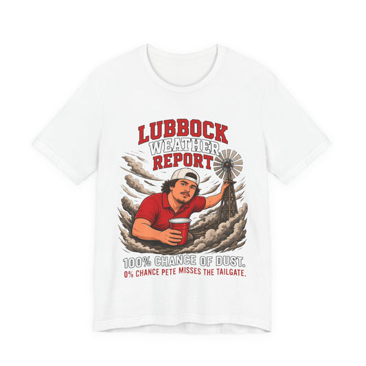 White crewneck T-shirt with red text and illustrated windmill dust graphic